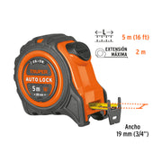 Flexómetro Auto-Lock contra impactos 5 m cinta 19 mm, TRUPER