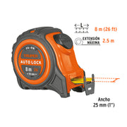 Flexómetro Auto-Lock contra impactos 8 m cinta 25 mm, TRUPER