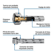 Manguera para boiler, acero inox. 1/2'H x 3/4'M, 60 cm