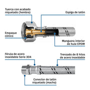 Manguera para boiler, acero inox. 1/2'H x 1/2'M, 60 cm