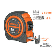 Flexómetro compacto contra impactos 3 m cinta 16 mm, TRUPER