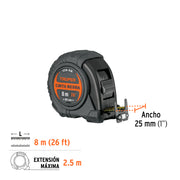 Flexómetro contra impactos 8 m, Cinta Negra 25 mm, TRUPER