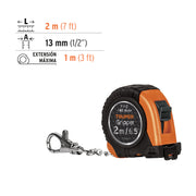 Flexómetro Gripper de 2 m tipo llavero, cinta 13 mm, TRUPER