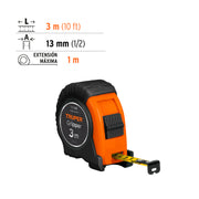 Flexómetro contra impactos 3 m cinta 13 mm grad. métrica