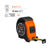 Flexómetro Gripper contra impactos 3 m cinta 13 mm, TRUPER