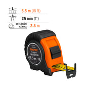 Flexómetro Gripper contra impactos 5.5 m cinta 25 mm, TRUPER