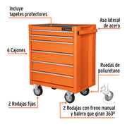 Gabinete metálico móvil, 6 cajones, capacidad 130 kg, TRUPER