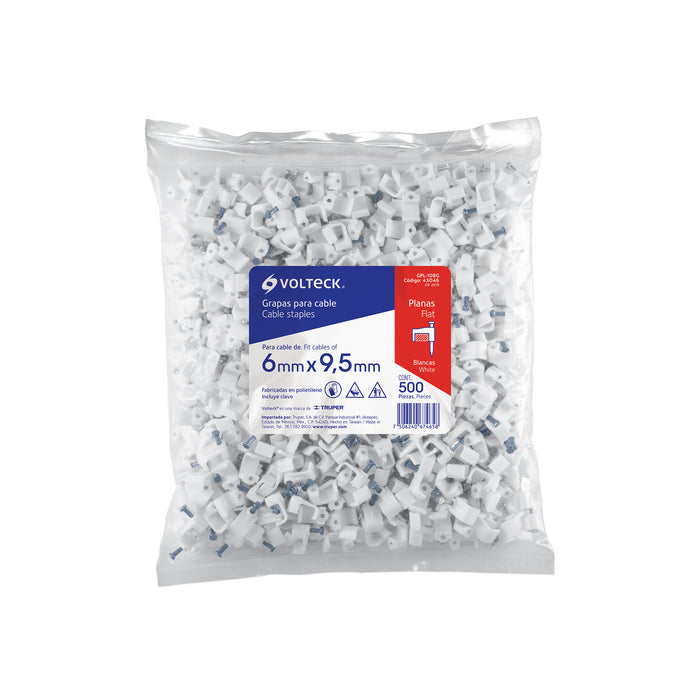Bolsa con 500 grapas blancas de 9.5 m para cable plano