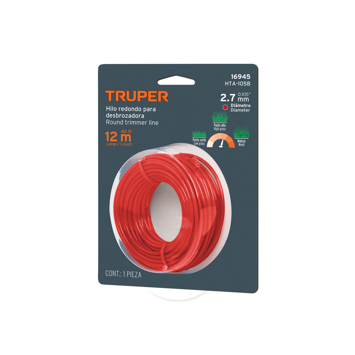 Hilo redondo, para desbrozadora, 2.7mm x12m, tarjeta, TRUPER