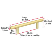 Jaladera de acero, 96mm, línea Cilindro, latón brillante