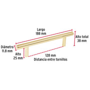 Jaladera de acero, 128mm, línea Cilindro, latón brillante