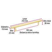 Jaladera de acero, 192mm, línea Cilindro, latón brillante