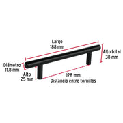 Jaladera de acero, 128mm, línea Cilindro, negro, HERMEX