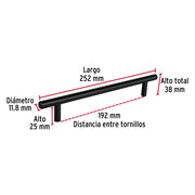 Jaladera de acero, 192mm, línea Cilindro, negro, HERMEX