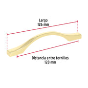 Jaladera de 96mm, línea Segovia, latón brillante, HERMEX