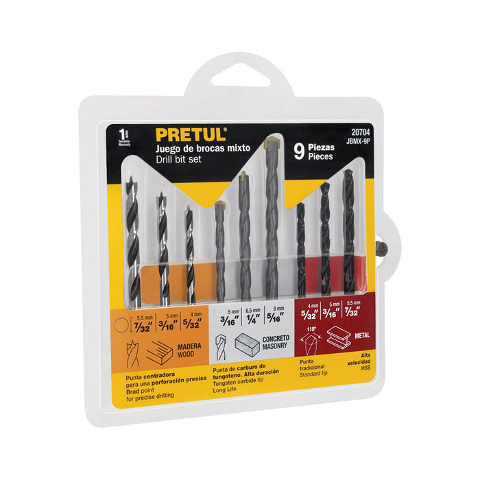 Juego de 9 brocas para metal, concreto y madera, PRETUL