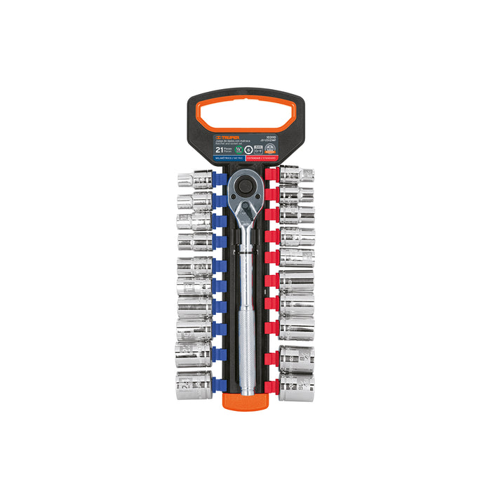 Juego de dados mm y std con matraca, cuadro 1/2', TRUPER