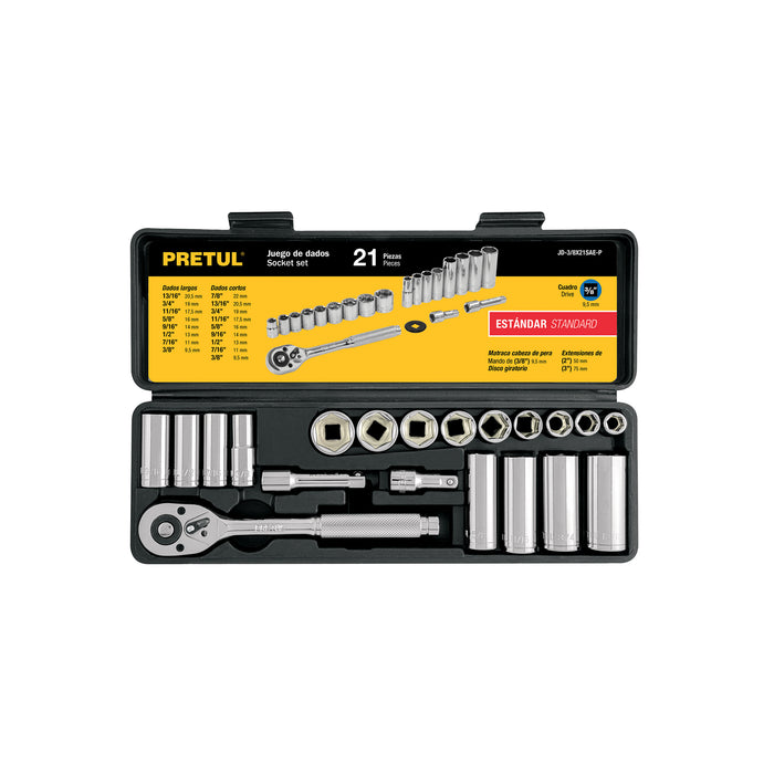 Juego de 21 herramientas 3/8' std para mecánico, PRETUL