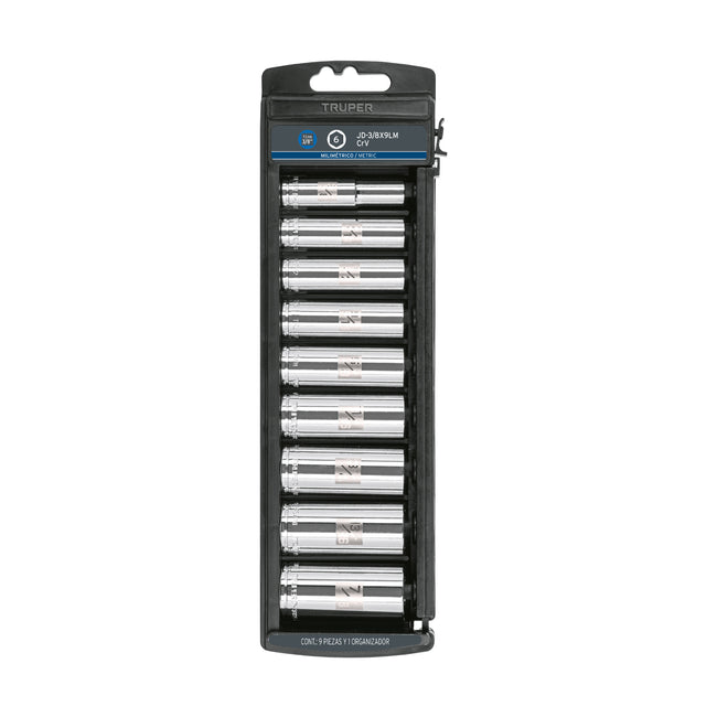 Juego de 9 dados largos cuadro 3/8' mm, TRUPER