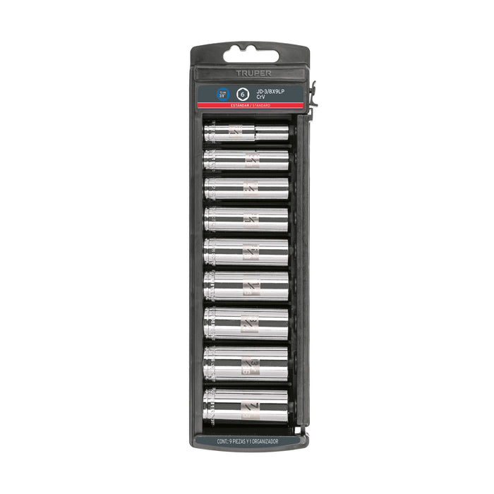 Juego de 9 dados largos cuadro 3/8' std, TRUPER
