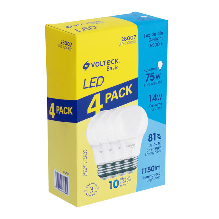 Pack 4 focos LED 14W (75W) A19, 6500K fría, 1150 lm, BASIC