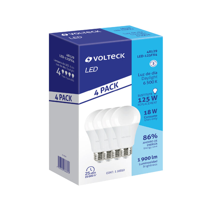 Pack 4 focos LED 18W (125W) A25, 6500K blanca fría, 1900 lm