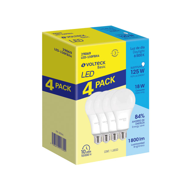 Pack 4 focos LED 18W (125W) A25, 6500K fría, 1800 lm, BASIC