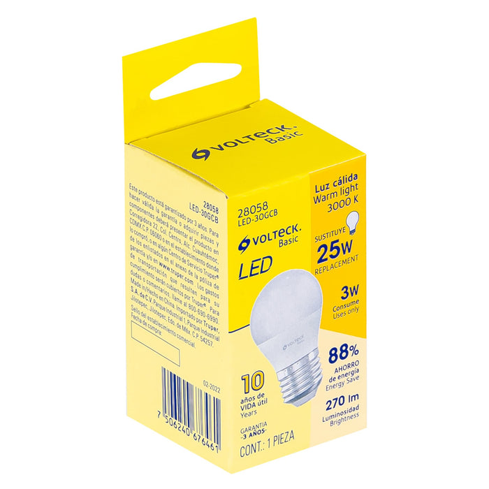 Foco LED 3W (25W) G45, 3000K blanca cálida, 270 lm, BASIC
