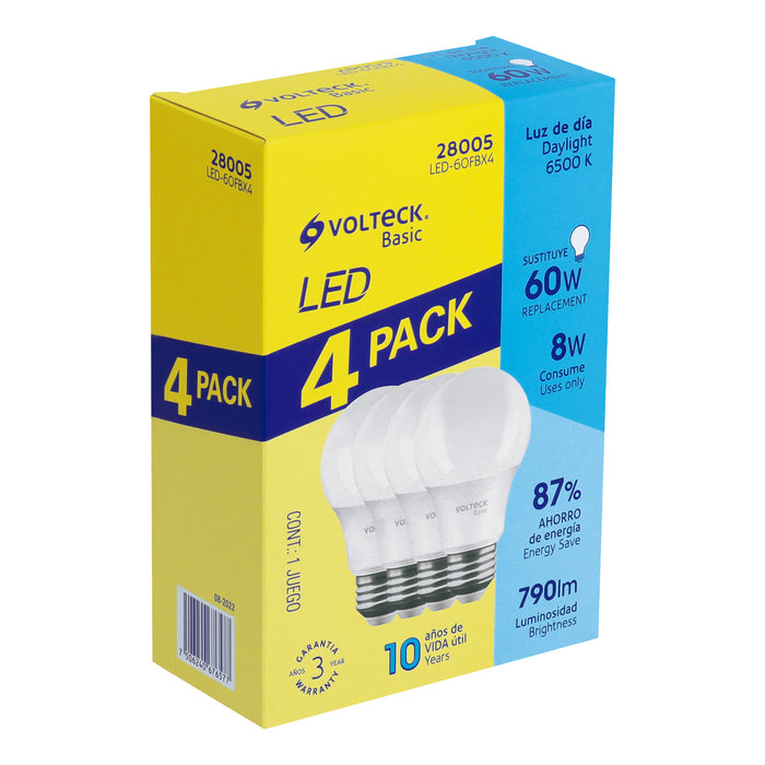 Pack 4 focos LED 8W (60W) A19, 6500K fría, 790 lm, BASIC