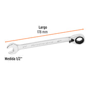 Llave combinada matraca reversible 1/2'x178 mm largo, EXPERT