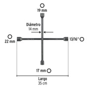 Llave de cruz 14', bocas 17, 19, 22 mm y 13/16', PRETUL