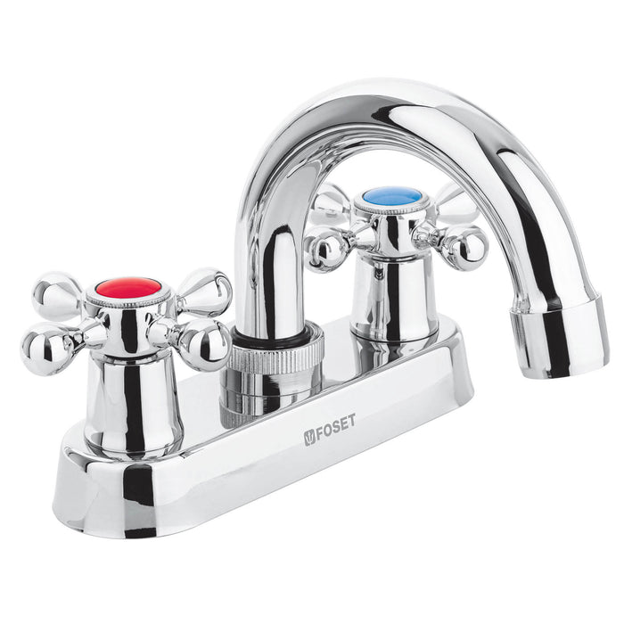 Mezcladora 4' para lavabo, cuello curvo, manerales cruceta