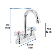 Mezcladora 4' para lavabo, cuello bar, manerales cruceta