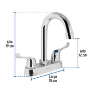 Mezcladora 4' para lavabo, cuello bar, manerales palanca