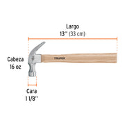 Martillo pulido, 16 oz, uña curva, mango madera, TRUPER