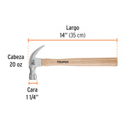 Martillo pulido, 20 oz, uña curva, mango madera, TRUPER