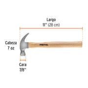 Martillo semipulido, 7 oz, uña curva, PRETUL