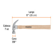 Martillo pulido, 7 oz, uña curva, mango madera, TRUPER