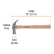 Martillo cabeza cónica 25 mm uña curva, mango madera, TRUPER