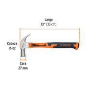 Martillo cabeza cónica 27 mm uña curva, mango fibra vidrio