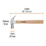 Martillo cabeza cónica 27 mm uña curva, mango madera, TRUPER