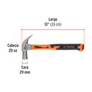 Martillo cabeza cónica 29 mm uña curva, mango fibra vidrio