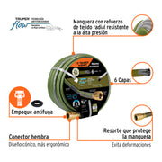 Manguera 5/8' anti-torceduras 6 capas 30m conexiones d/metal