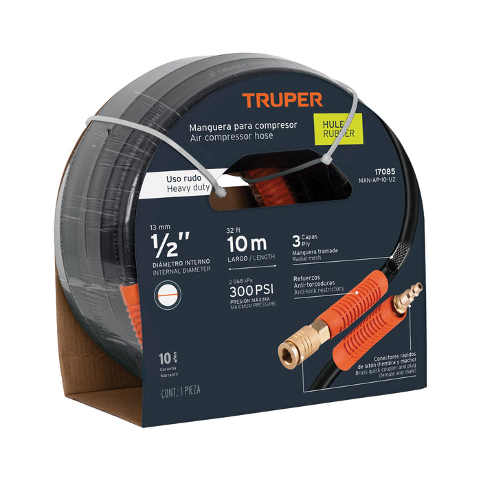 Manguera para compresor, de hule, 10m x 1/2', TRUPER