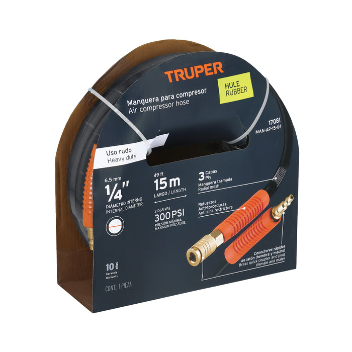 Manguera para compresor, de hule, 15m x 1/4', TRUPER