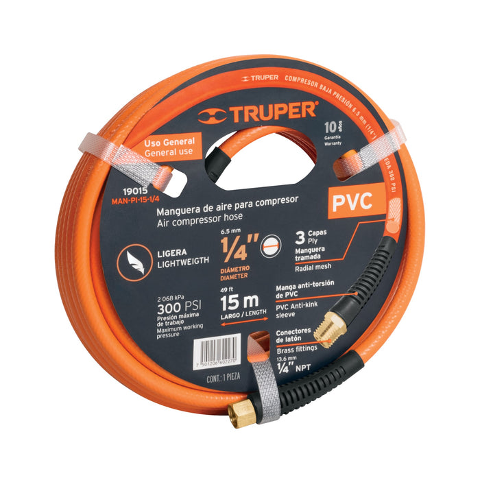 Manguera para compresor, de PVC, 15m x 1/4', TRUPER