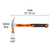 Martillo 18 oz uña recta, mango fibra de vidrio, TRUPER