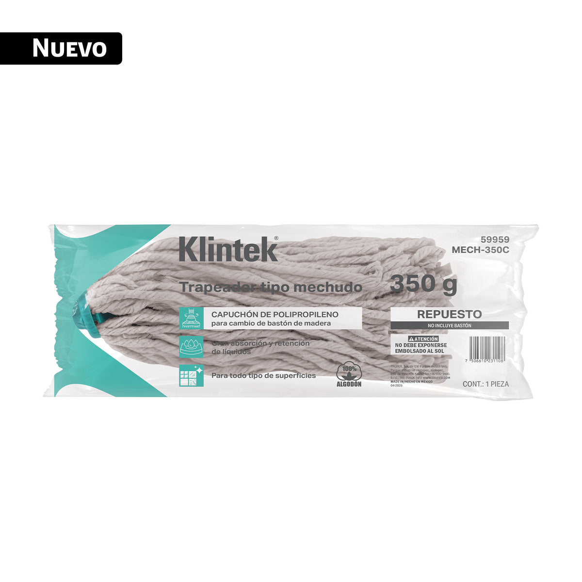 Trapeador tipo mechudo, 350 g repuesto, algodón, KLINTEK