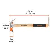 Martillo pulido 20 oz uña curva, mango hickory, TRUPER Grip