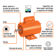 Motor eléctrico monofásico de 1/2 HP, alta velocidad, TRUPER